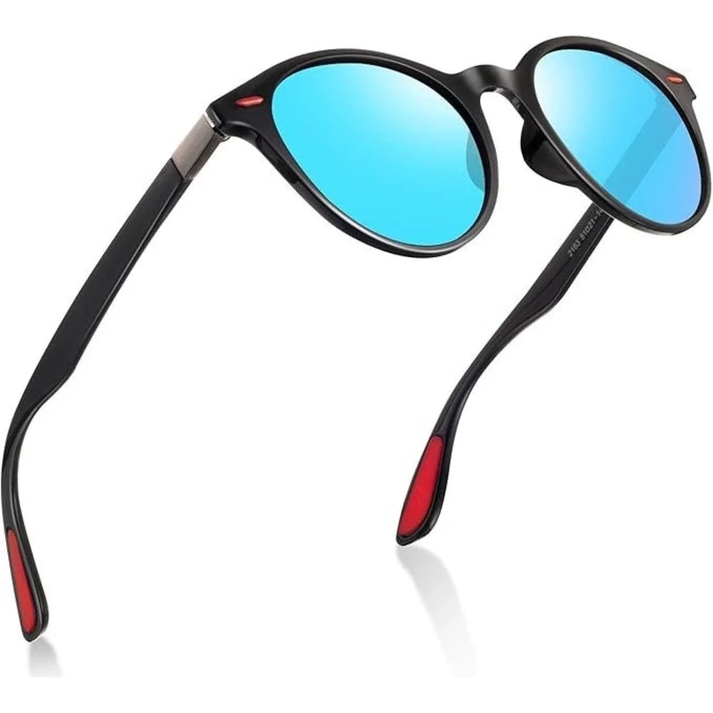 Stylish Round Sunglasses Blue Mirrored Lenses Black Frame Women's‎ Polarized New